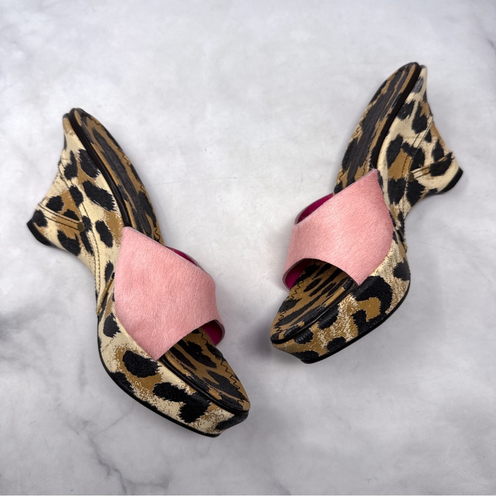 CASADEI Pink Calf Hair Leopard Print Denim Jean Mule Platform Wedge Sandals 6.5 - Picture 6 of 15